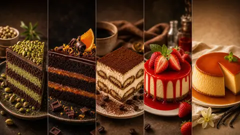 Variedad de postres fitness: pistacho, chocolate con frambuesa, tiramisú, cheesecake de fresa y flan